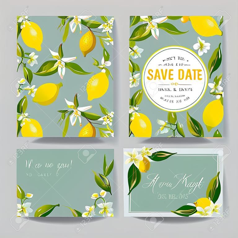 Salve o cartão de data. Limão, folhas e flores. Cartão de casamento. Cartão de convite. RSVP. Vector