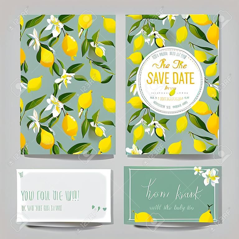 La tarjeta de fecha. Limón, hojas y flores. Tarjeta de boda. Tarjeta de invitación. RSVP. Vector