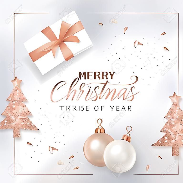 Elegancka kartka Merry Christmas z bombkami w kolorze różowego złota, gwiazdkami, prezentami na zaproszenie, życzeniami lub ulotką oraz broszurą noworoczną 2019