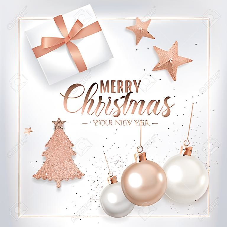 Elegant Merry Christmas Card with Rose Gold Christmas Tree Balls, Stars, Gifts for Invitation, Greetings or Flyer and New Year Brochure 2019