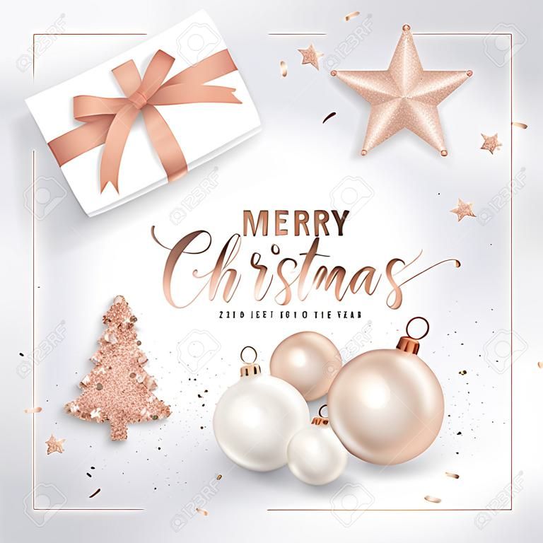 Elegante vrolijke kerstkaart met rozengouden kerstboomballen, sterren, geschenken voor uitnodigingen, groeten of flyer en nieuwjaarsbrochure 2019