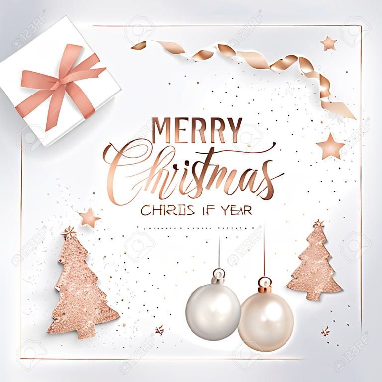 Elegante Frohe Weihnachtskarte mit roségoldenen Weihnachtsbaumkugeln, Sternen, Geschenken für Einladungen, Grüße oder Flyer und Neujahrsbroschüre 2019