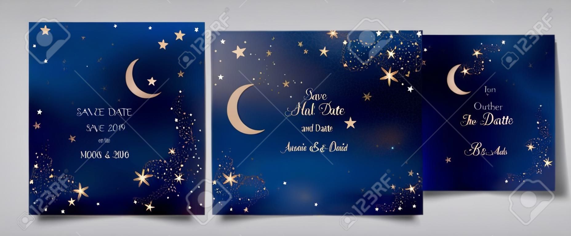 Mystischer Nachthimmelhintergrund mit Halbmond und Sternen. Hochzeitseinladung bei Mondschein und Save the Date Karte im Vektor