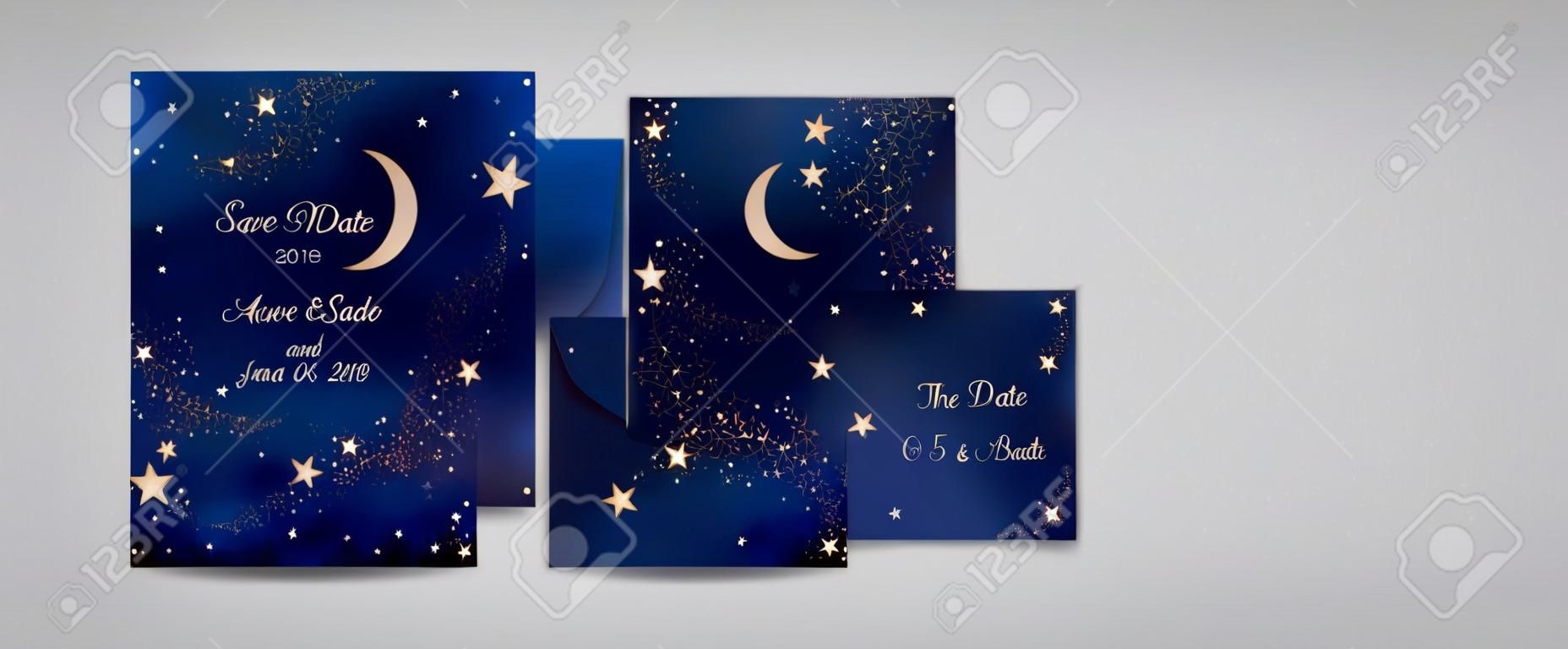 Mystischer Nachthimmelhintergrund mit Halbmond und Sternen. Hochzeitseinladung bei Mondschein und Save the Date Karte im Vektor