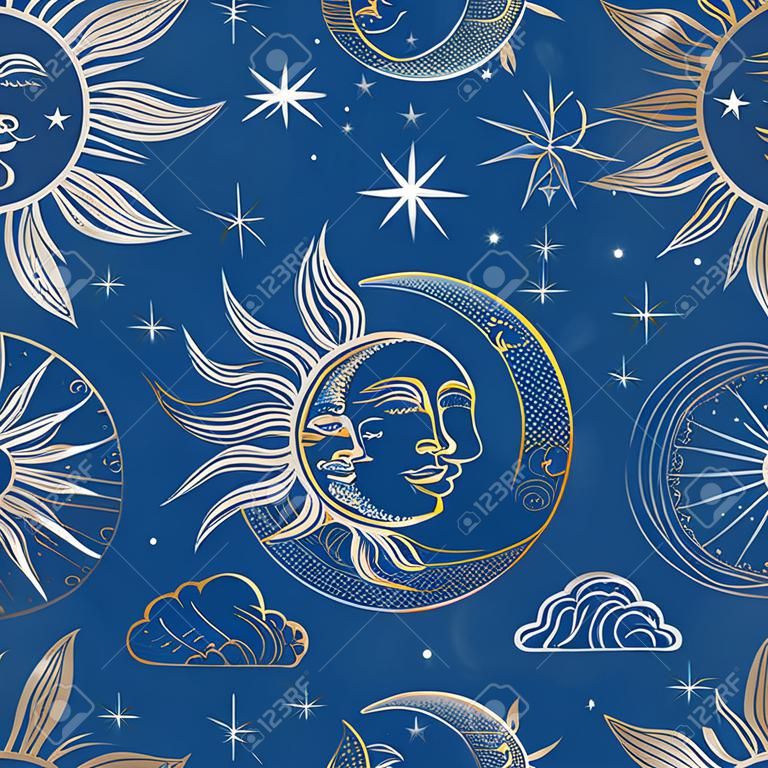 Sonne und Mond-Weinlese-nahtloses Muster. Hintergrund im orientalischen Stil mit Sternen und himmlischen astrologischen Symbolen für Stoff, Tapete, Dekoration. Vektor-Illustration