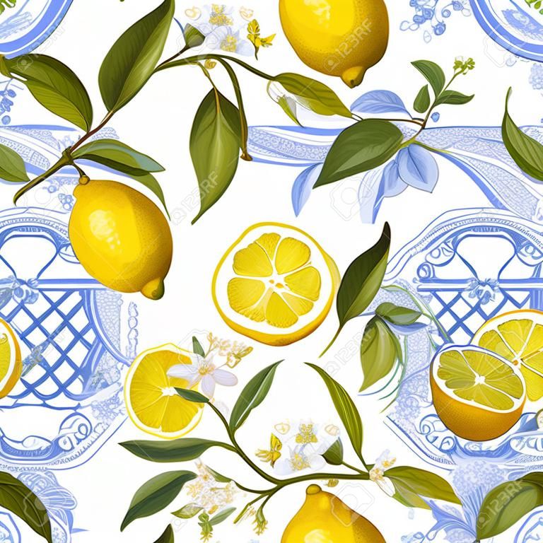 Patrón sin fisuras con diseño barroco vintage con frutas de limón amarillo, fondo floral con flores, hojas, limones para papel tapiz, tela, impresión. Ilustración vectorial