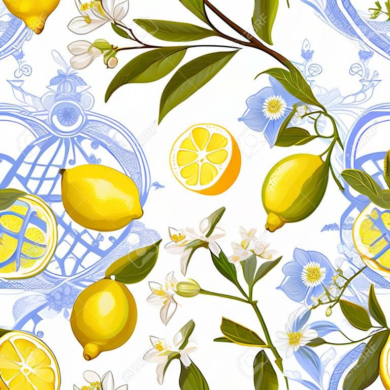 Seamless Pattern with vintage barocco design with yellow Lemon Fruits, Floral Background with Flowers, Leaves, Lemons for Wallpaper, Fabric, Print. Vector illustration