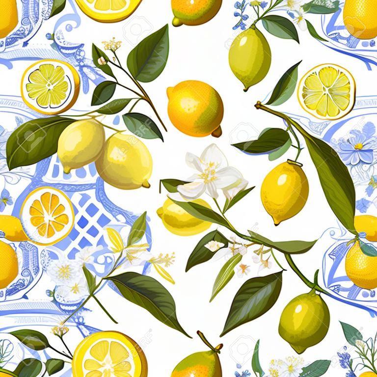 Nahtloses Muster mit Vintage-Barocco-Design mit gelben Zitronenfrüchten, Blumenhintergrund mit Blumen, Blättern, Zitronen für Tapete, Stoff, Druck. Vektor-Illustration