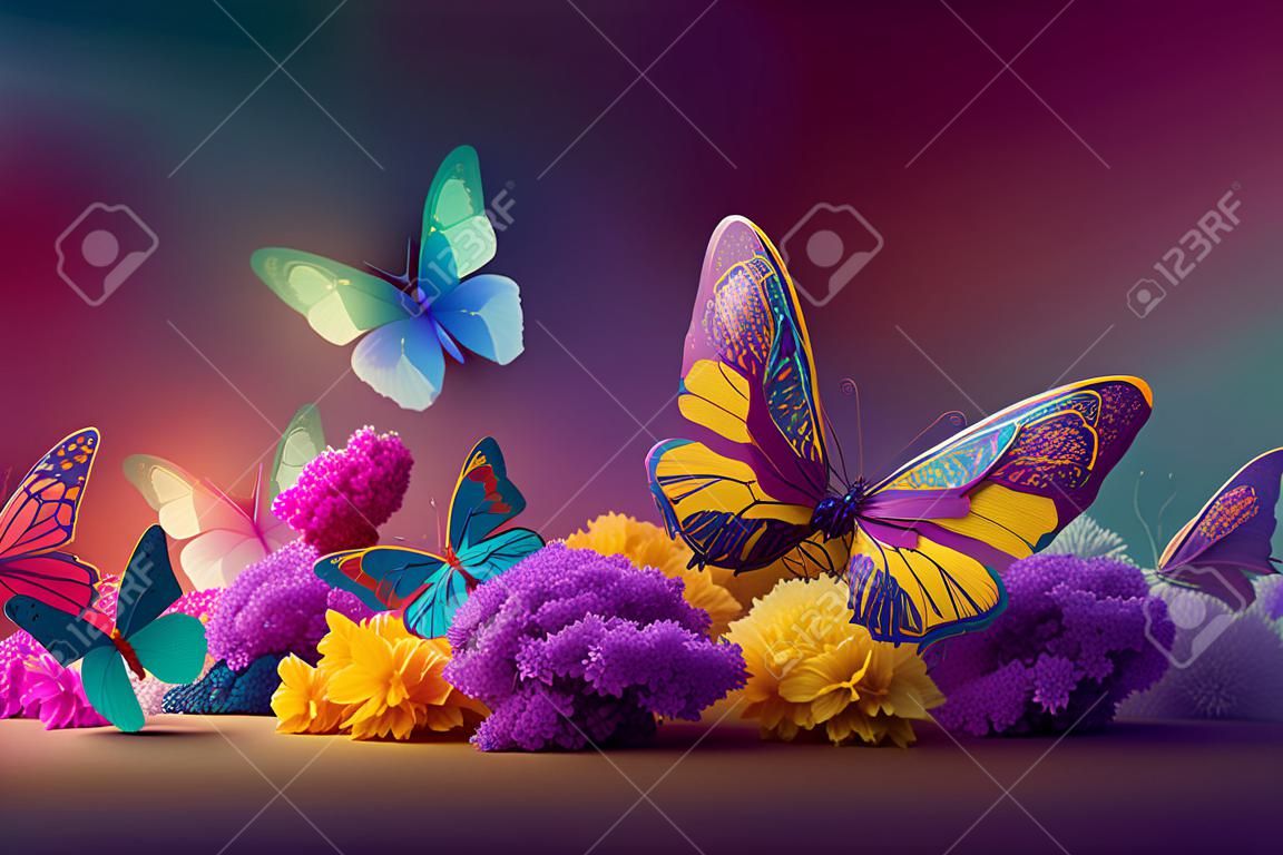 Background of butterflies of different colors, rainbow, different sizes and shapes, very beautiful and bright