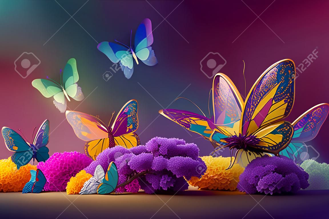 Tło motyli w różnych kolorach, tęczy, różnych rozmiarach i kształtach, bardzo piękne i jasne
