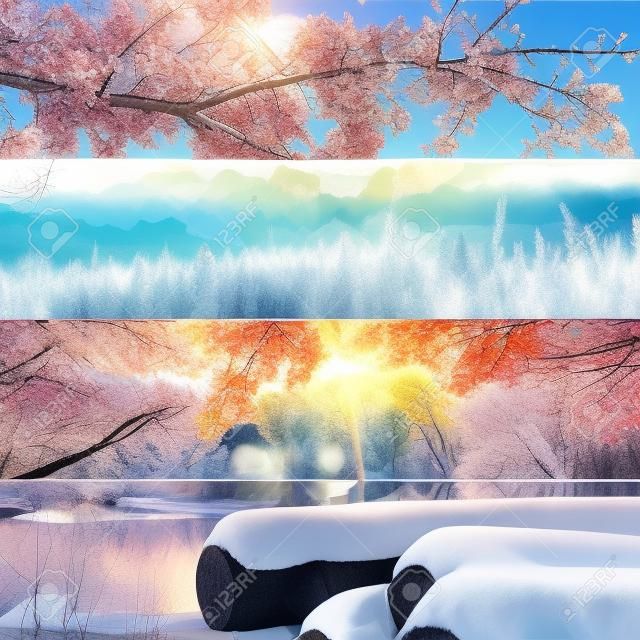 Quatre saisons Printemps, été, automne et hiver bannières horizontales