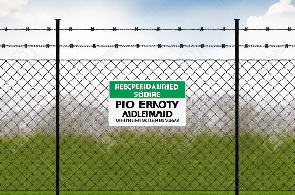 Fence with barbed wire and sign NO ENTRY. Isolated wire fence - RESTRICTED AREA sign. Metal sign RESTRICTED AREA - NO ENTRY on metal fence with barbed wire. Wire fence isolated on white.