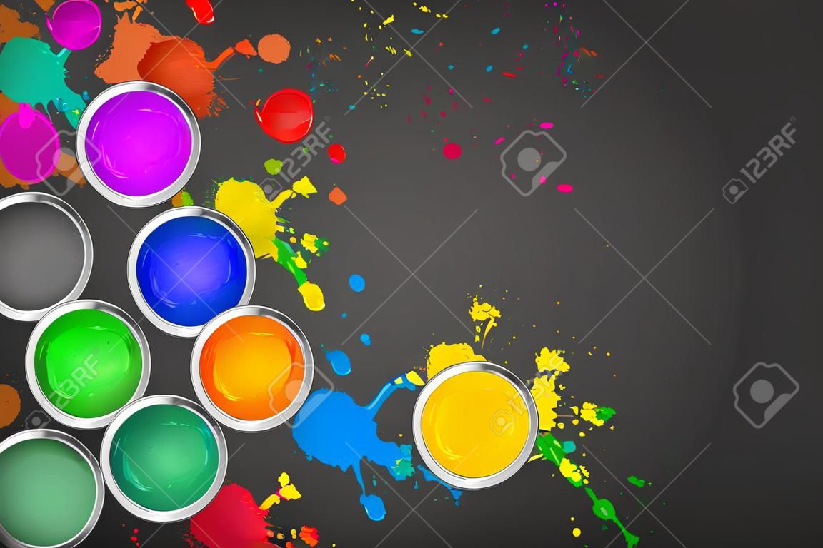 Cans of paint on a dark background with colorful splashes and copy space for your text - vector illustration