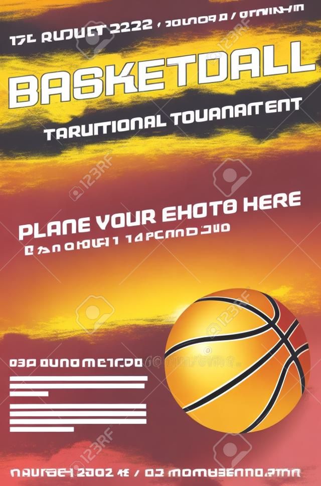 Plakatvorlage für Basketballturniere mit Ball und Platz für Ihr Foto - Vektorillustration