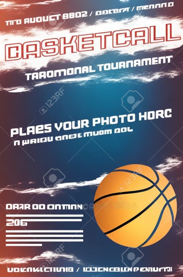 Plakatvorlage für Basketballturniere mit Ball und Platz für Ihr Foto - Vektorillustration