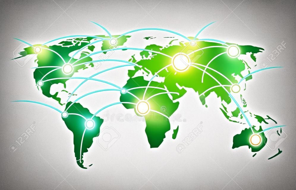 Düğümleri ve bağlantılar vektör illüstrasyon küresel teknoloji ve sosyal bağlantı ağı ile dünya haritası