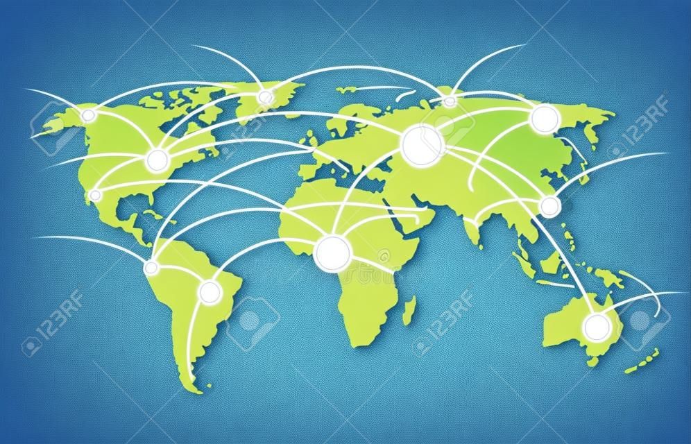 Düğümleri ve bağlantılar vektör illüstrasyon küresel teknoloji ve sosyal bağlantı ağı ile dünya haritası