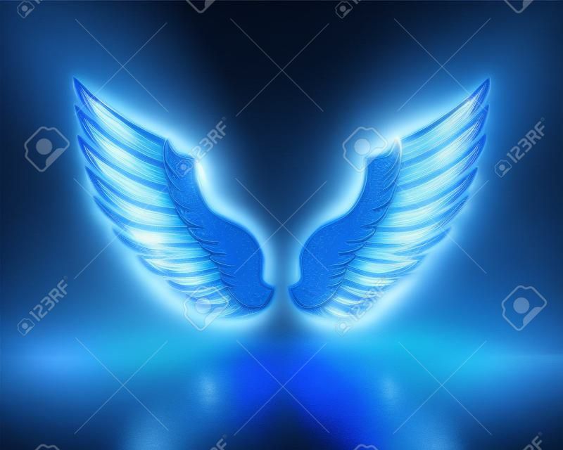 Blue glowing angel wings with metal shine and shadow symbol 