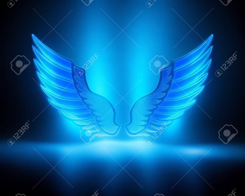 Blue glowing angel wings with metal shine and shadow symbol 