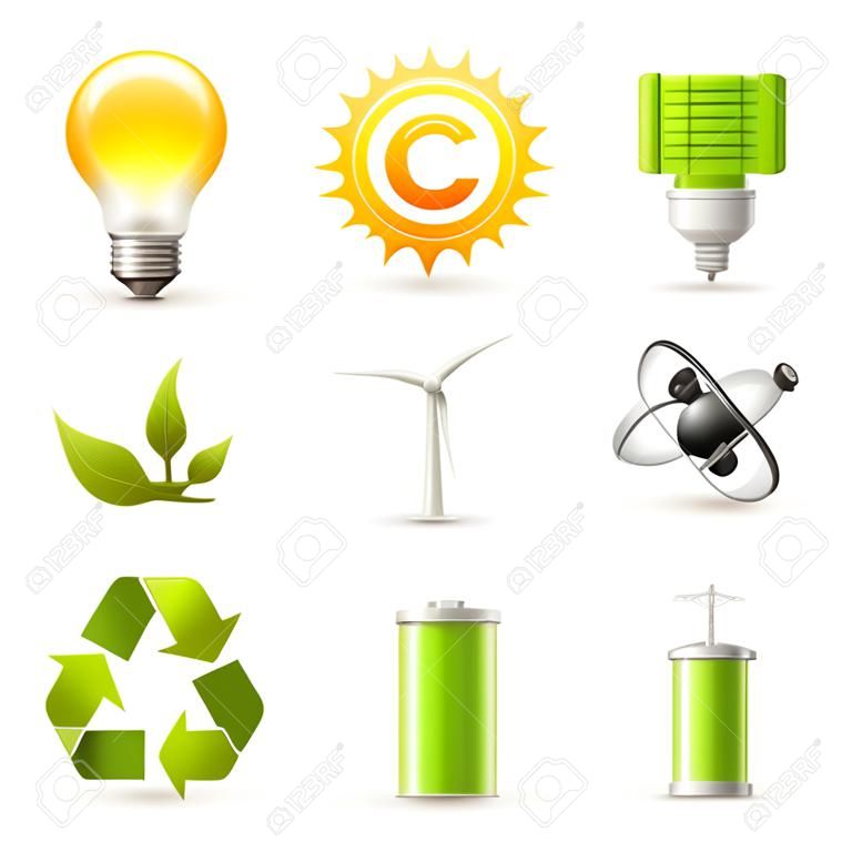Energia e ecologia realistico set di icone con pannello solare, gas fossile ed elementi decorativi isolato mulino a vento