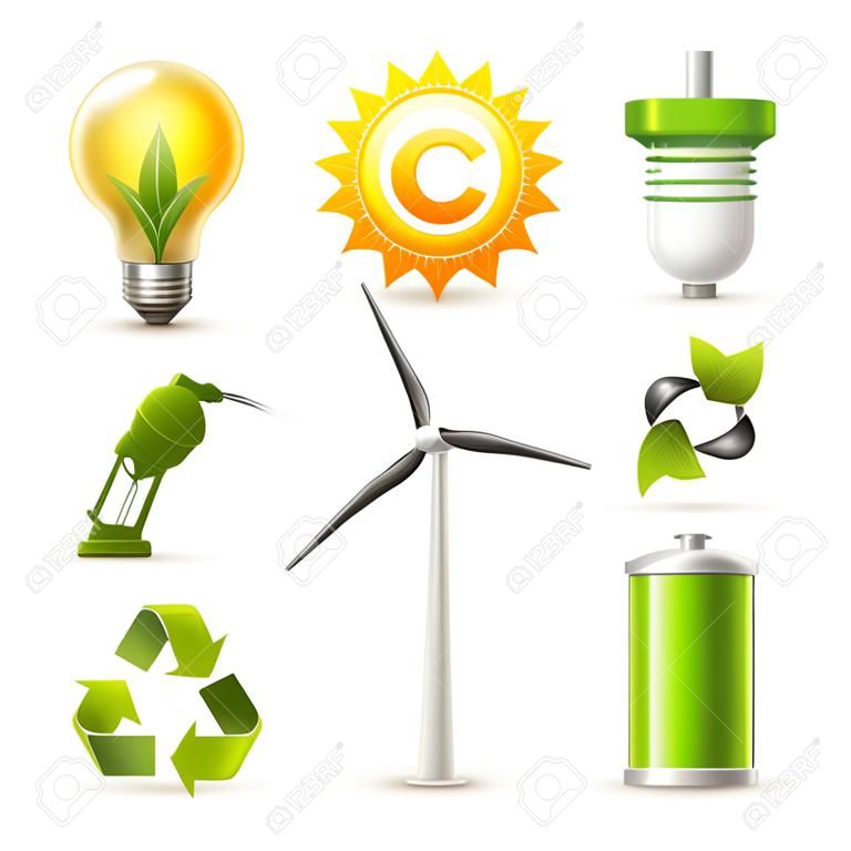 Iconos de la energía y la ecología realistas fijaron con el panel solar fósil gas y elementos del molino de viento decorativos aislados