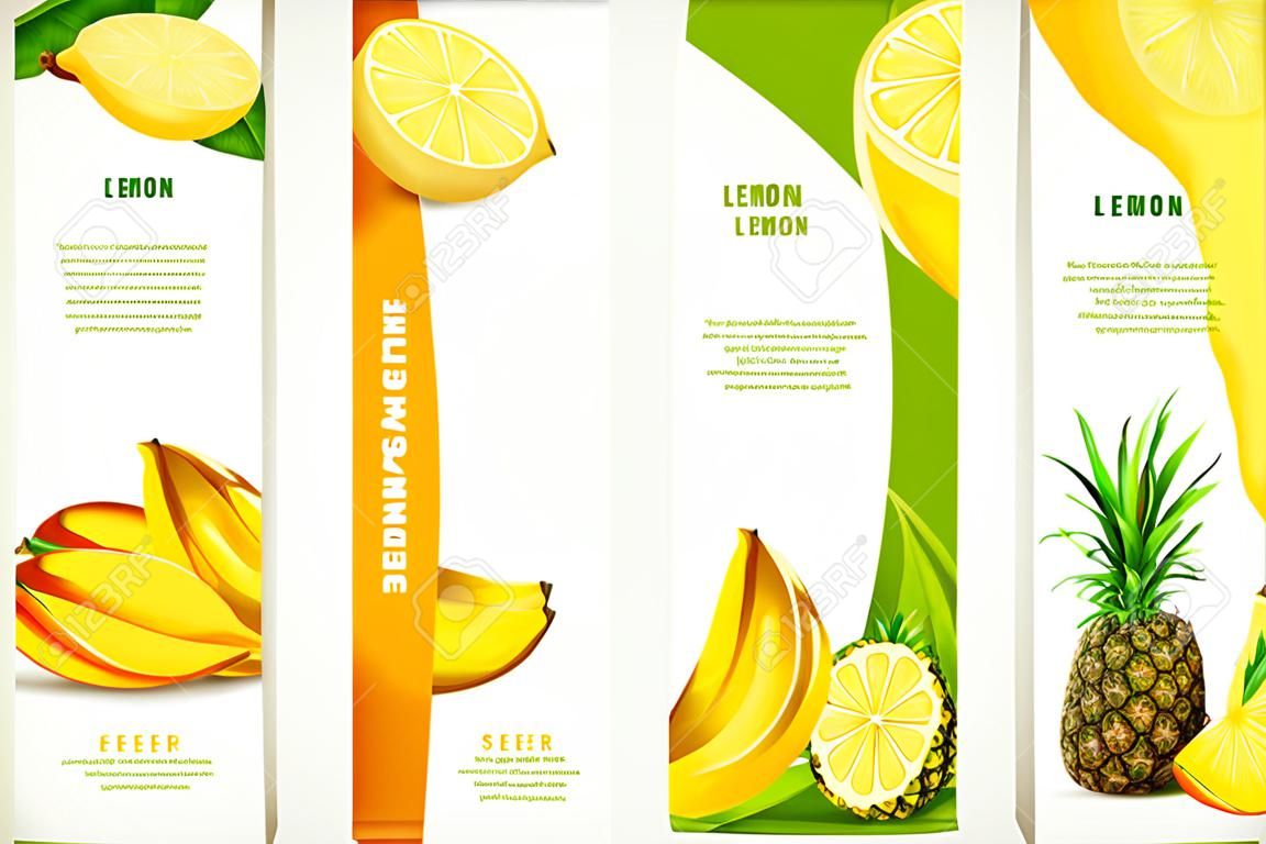 Natural organic tropical fruits vertical banners set of mango lemon pineapple design template illustration