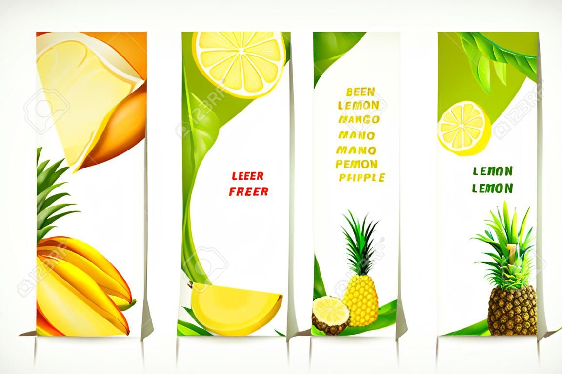 Natural organic tropical fruits vertical banners set of mango lemon pineapple design template illustration