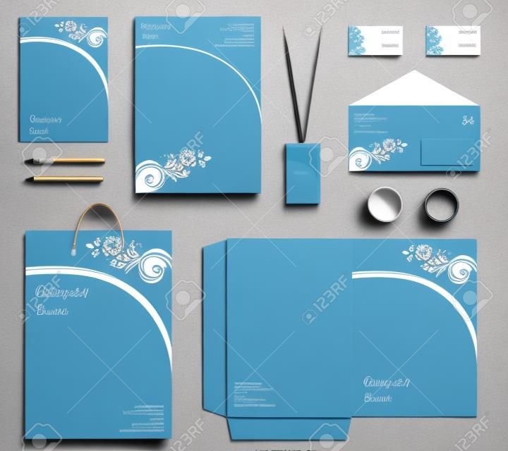 Azul y blanco floral plantilla de la empresa de papelería y rizado de la identidad corporativa y branding conjunto ilustración