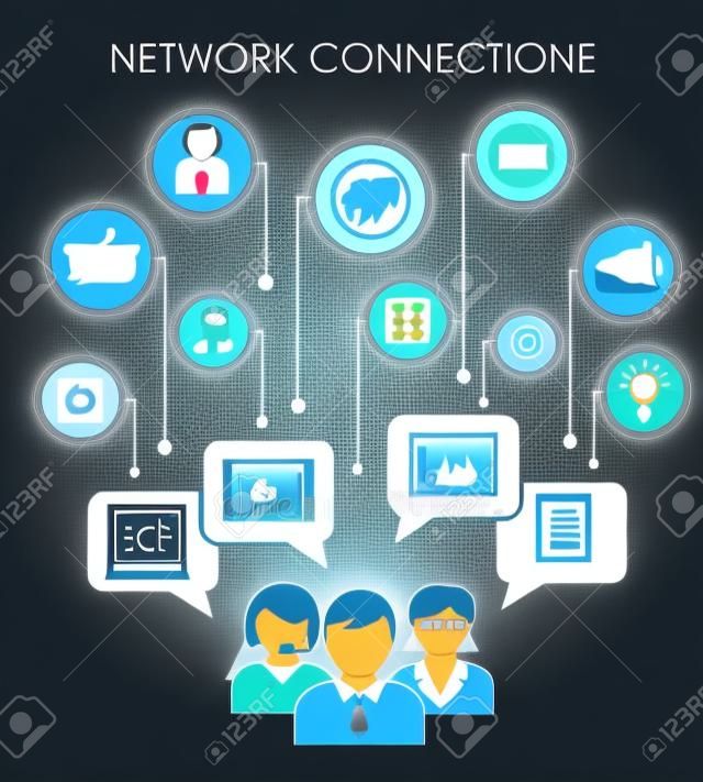 Social network connection concept with people online media and mobile devices vector illustration