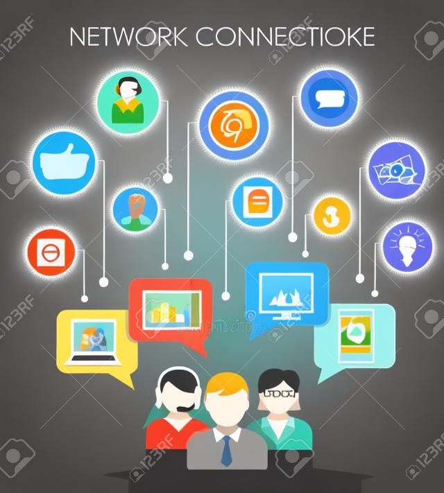 與人在線媒體及移動設備的矢量插圖社交網絡連接的概念