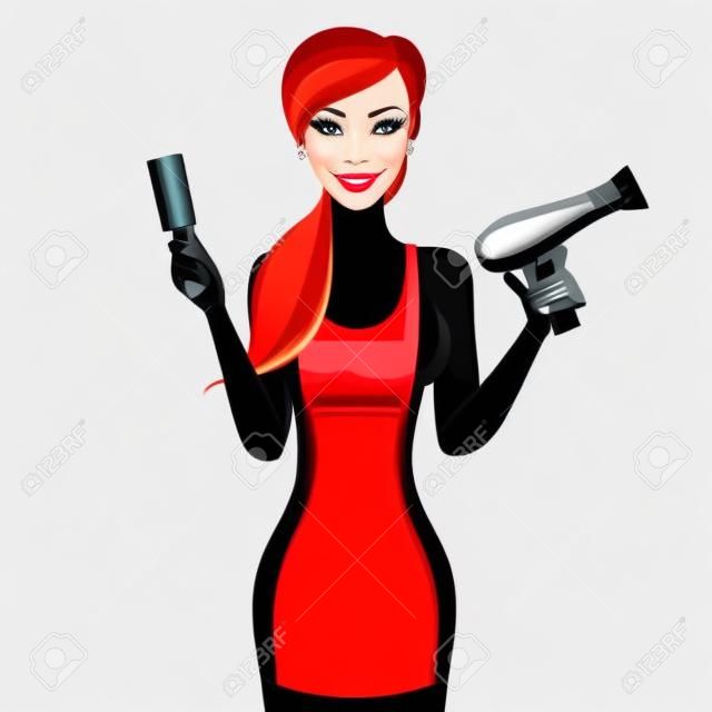 Attractive happy girl hairdresser with comb and hair dryer portrait isolated on white background vector illustration.