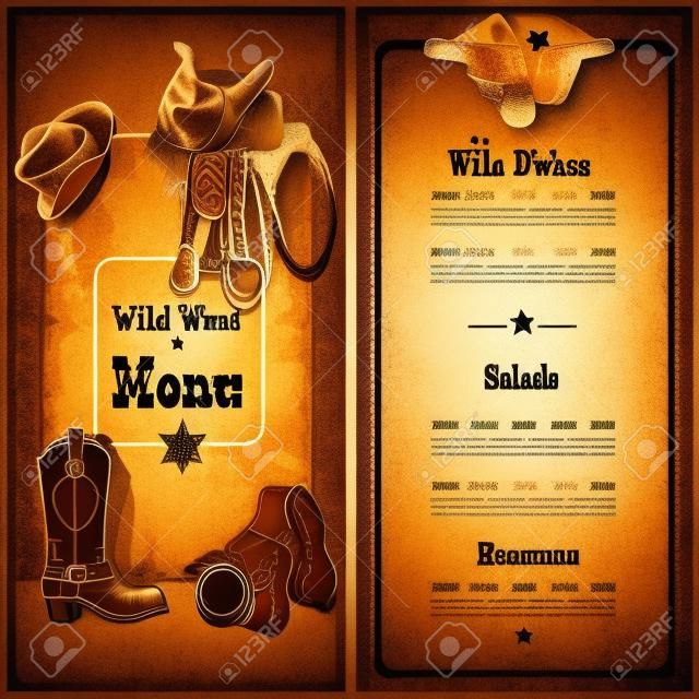 Wild West éttermi menü sablon cowboy elemek vektoros illusztráció