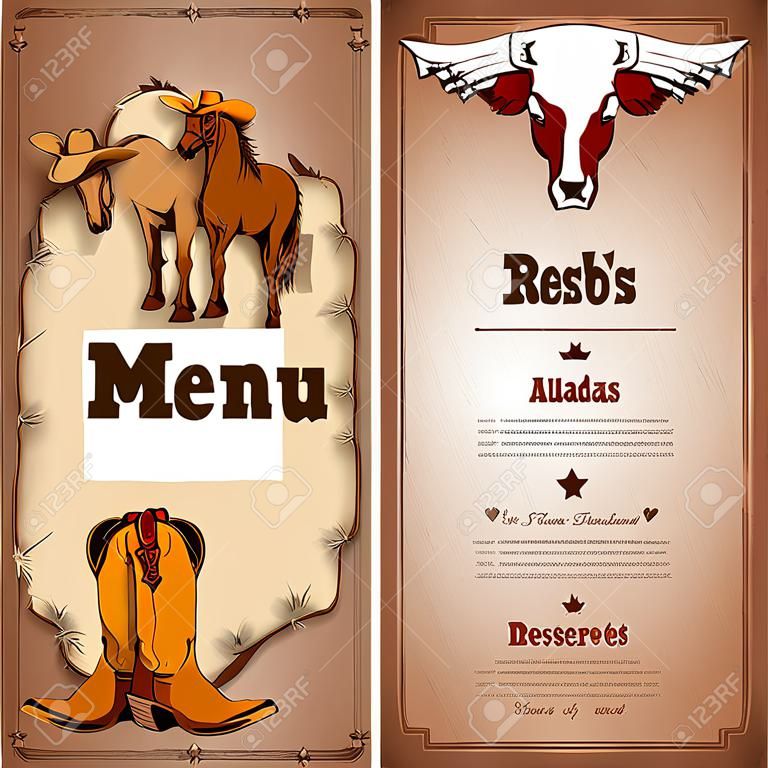 Wild West éttermi menü sablon cowboy elemek vektoros illusztráció