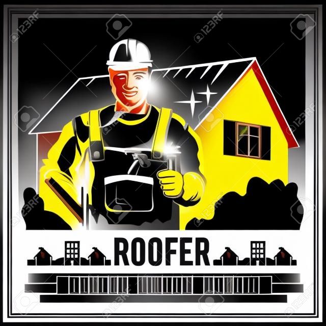 Roofer house builder male tradesman worker silhouette poster vector illustration