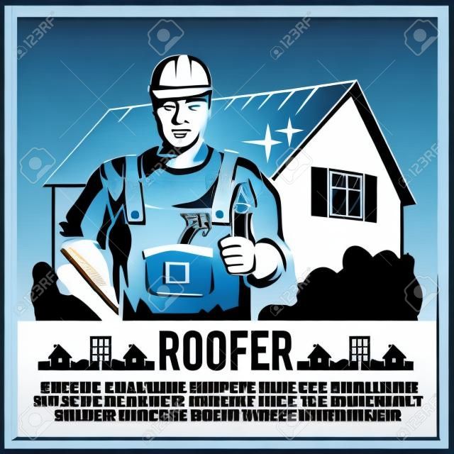 屋根葺き職人の家ビルダー男性町人ワーカー シルエット ベクトル イラスト ポスター