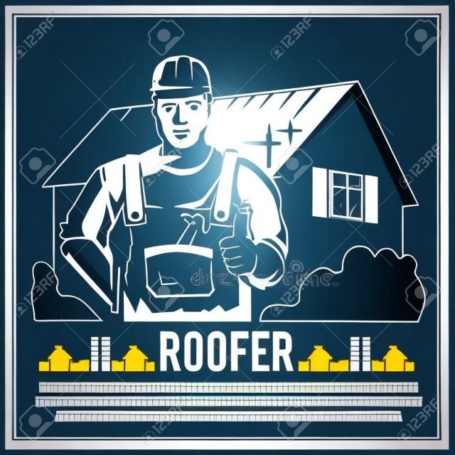 Casa Roofer constructor masculino ilustración silueta trabajador del comerciante del cartel vector