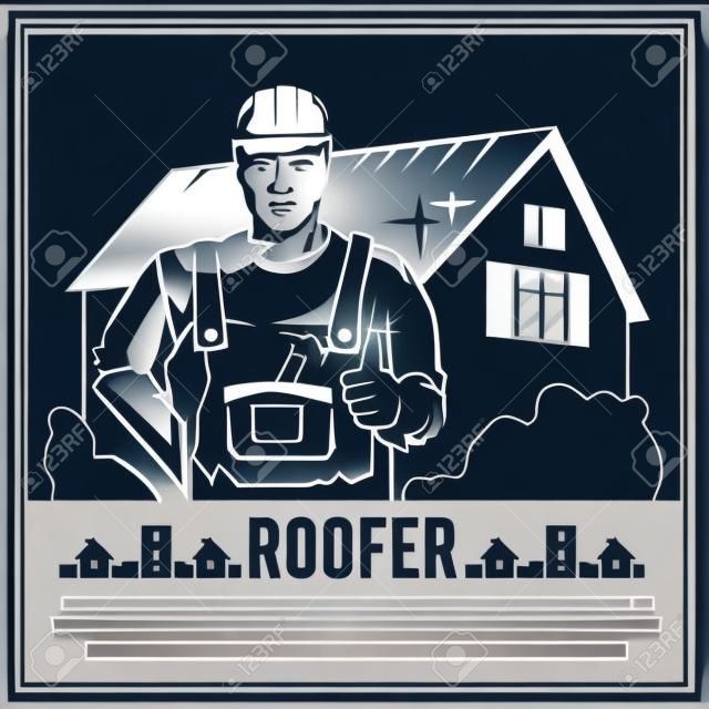 Dekarz dom budowniczy mężczyzna robotnik sylwetka ilustracji wektorowych plakat