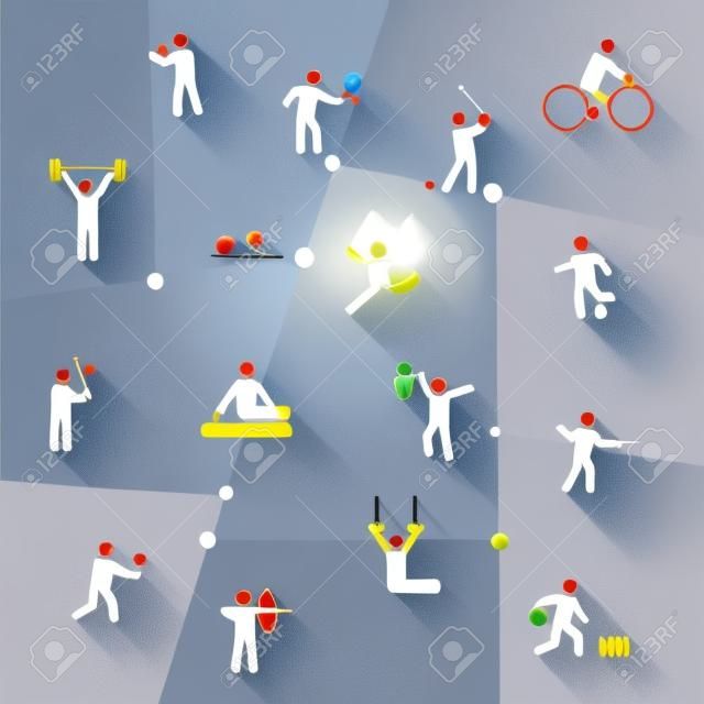 Lekkoatletyka golfowe i gimnastyka sportive turniej symbole charakterystyczne elementy Piktogramy zestaw ilustracji wektorowych kolekcji
