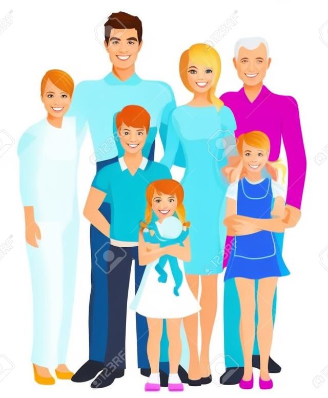 Generazione famiglia felice nonni genitori e figli ritratto di lunghezza completa su sfondo bianco illustrazione vettoriale