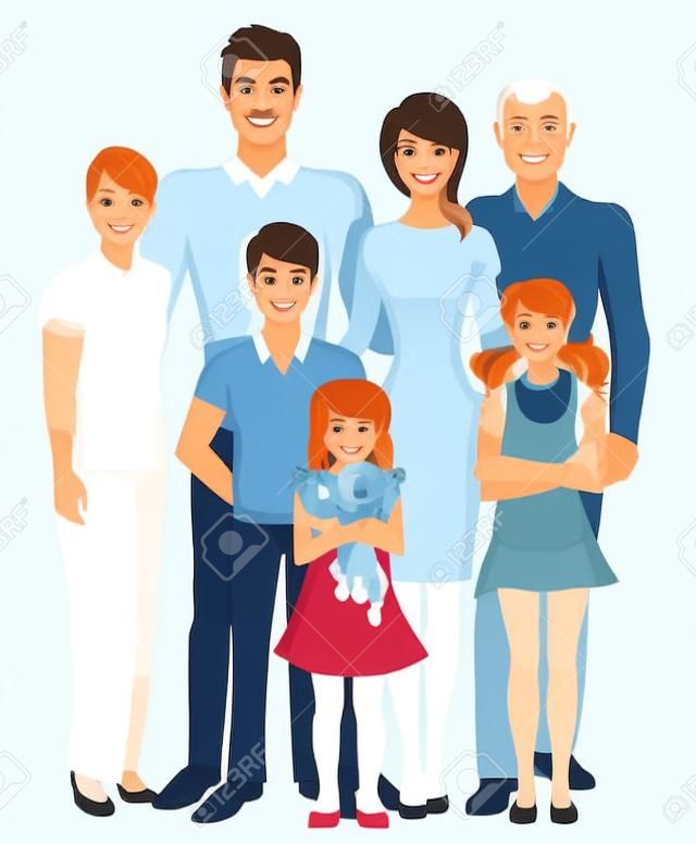 Generazione famiglia felice nonni genitori e figli ritratto di lunghezza completa su sfondo bianco illustrazione vettoriale