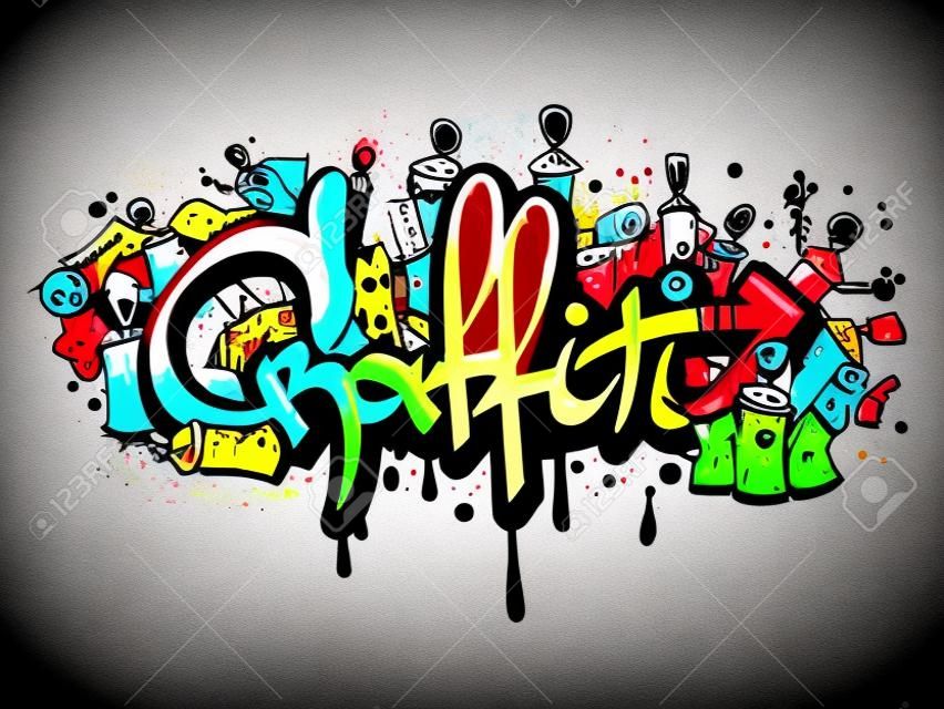 Dekoratív graffiti művészet festék spray betűk és karakterek összetétele absztrakt fal artwork rajz vázlat grunge vektoros illusztráció