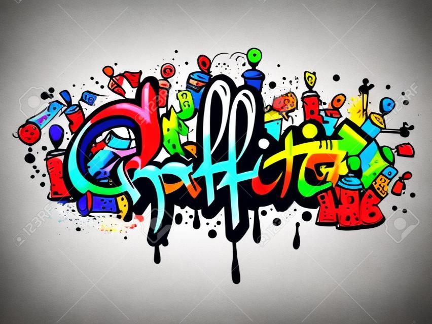 Dekoratív graffiti művészet festék spray betűk és karakterek összetétele absztrakt fal artwork rajz vázlat grunge vektoros illusztráció