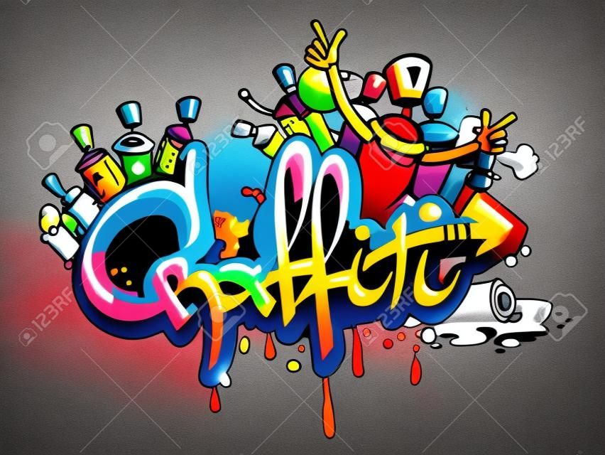 Decorative graffiti art spray paint letters and characters composition abstract wall aerosol sketch grunge vector illustration