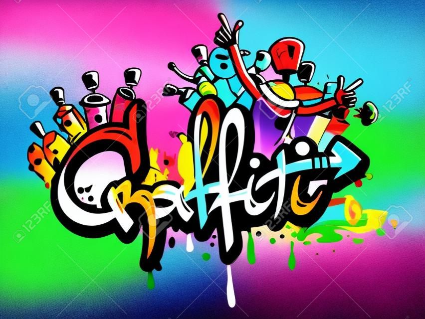 Decorative graffiti art spray paint letters and characters composition abstract wall aerosol sketch grunge vector illustration