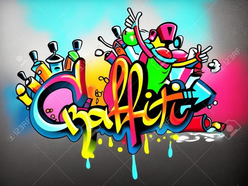 grafite decorativo arte spray pintura letras e personagens composição abstrato parede aerossol esboço grunge ilustração vetorial