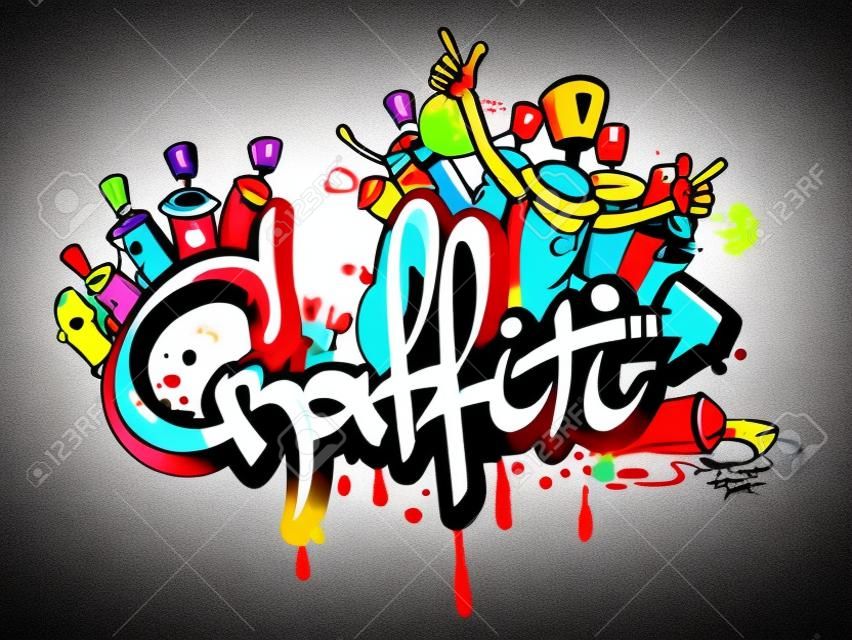 Letras de pintura em spray arte decorativa grafite e personagens composição abstrata parede aerossol desenho ilustração vetorial de grunge