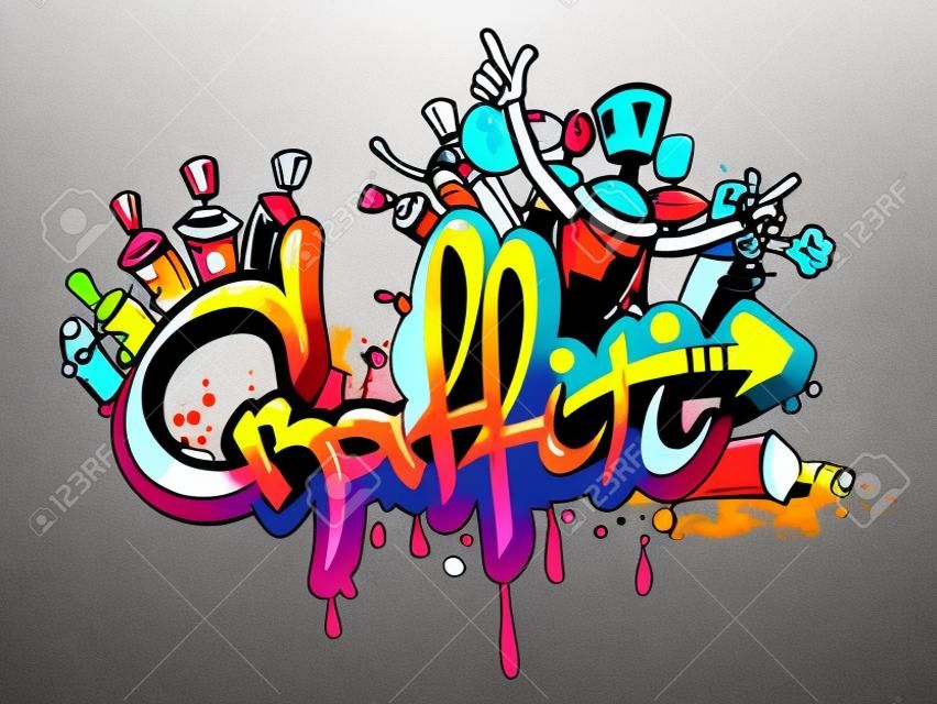 Letras de pintura em spray arte decorativa grafite e personagens composição abstrata parede aerossol desenho ilustração vetorial de grunge