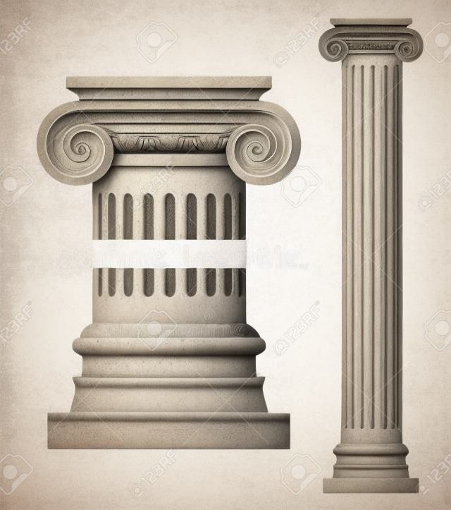 Реалистичная антикварная ионная колонна на белом фоне векторных иллюстраций