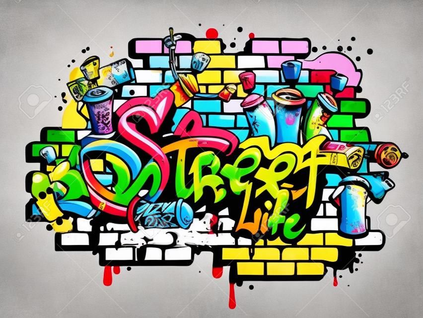 Dekoratív városi világ ifjúsági utcai élet graffiti művészet spraycan karakterek és drippy foltos levelek összetétele illusztráció