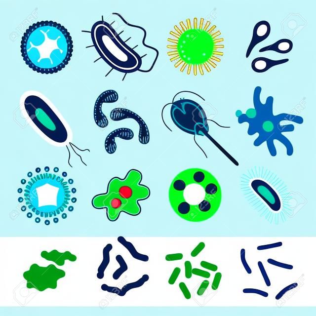 Células de virus Las bacterias y los gérmenes de microorganismos aislados iconos ilustración vectorial